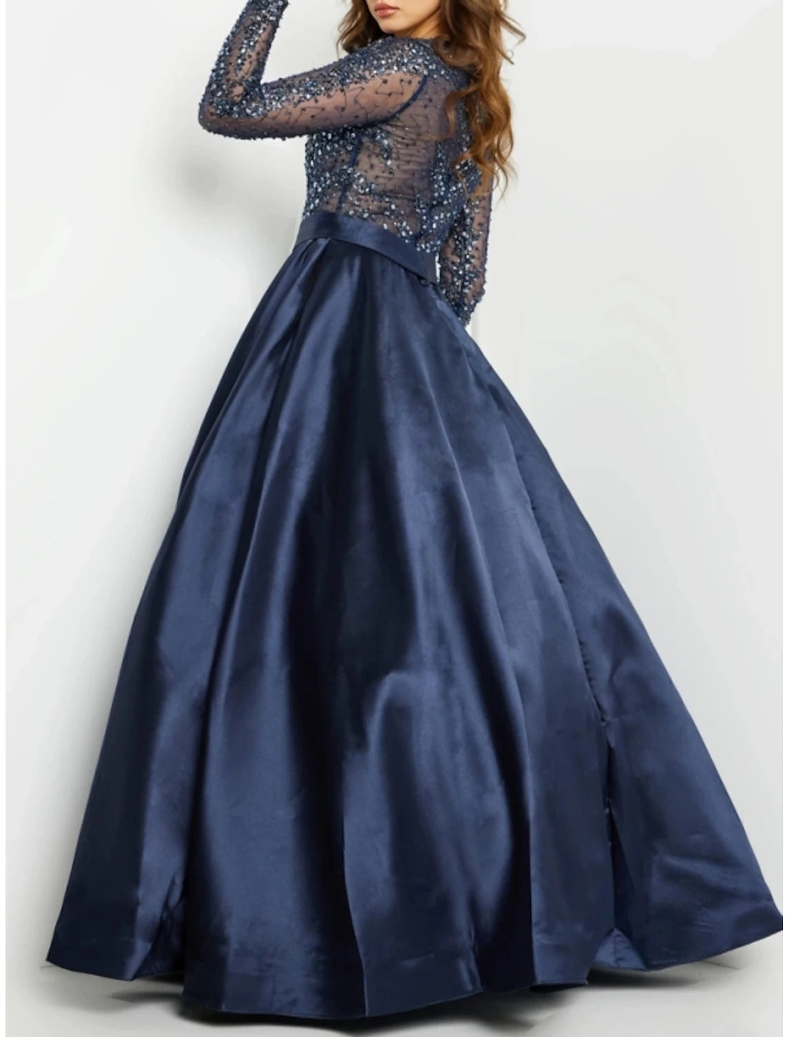 A-Line Evening Gown Sparkle & Shine Dress Formal Wedding Guest Floor Length Long Sleeve Jewel Neck Sequined with Glitter Pleats 2025